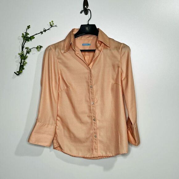 J. McLaughlin Orange White 3/4 length Button Collared Shirt - Picture 1 of 10